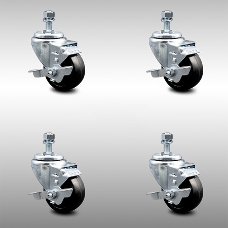Service Caster 3.5 Inch SS Hard Rubber Wheel Swivel 1/2 Inch Threaded Stem Caster Set Brake SCC SCC-SSTS20S3514-HRS-TLB-121315-4